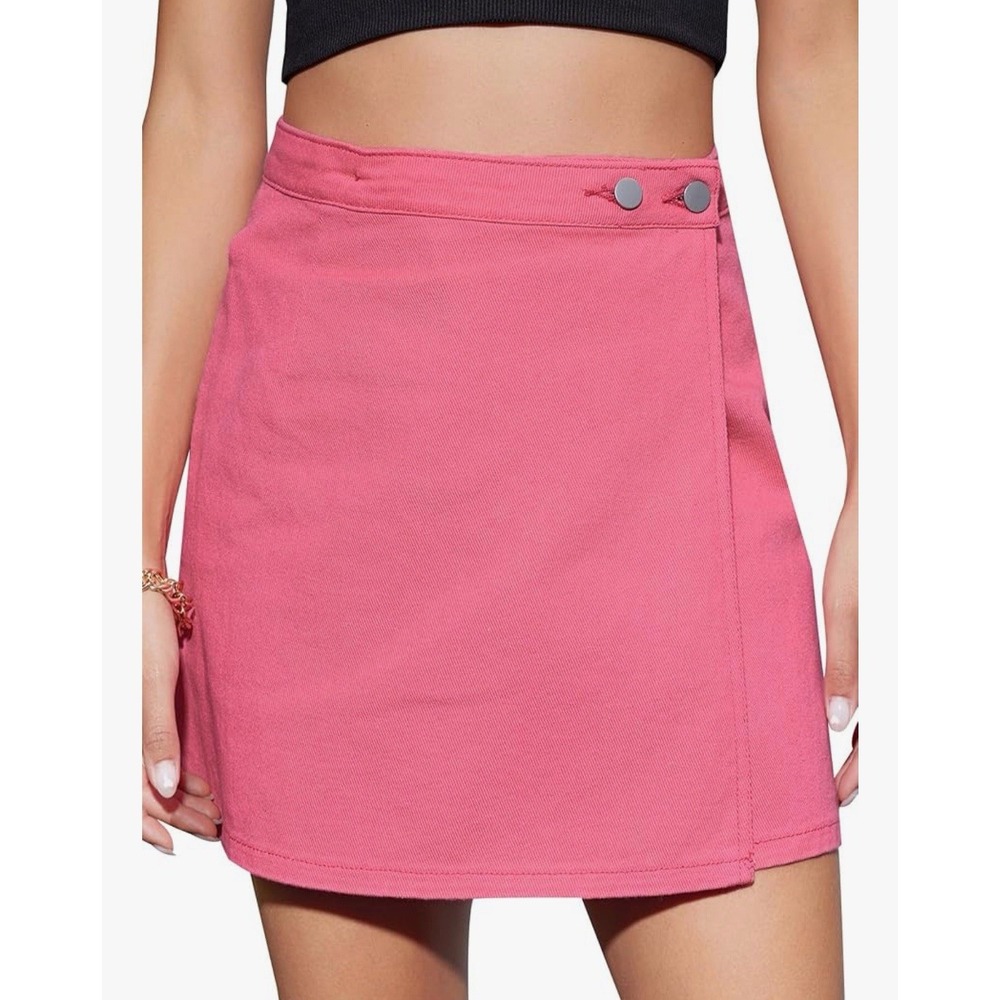 WDIRARA Women's Medium High Waisted ALine Button Wrap Denim Jean Mini Skirt Pink